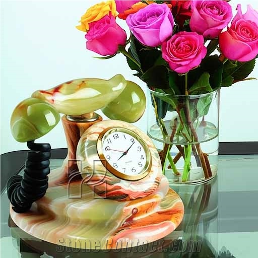 Handcrafted Multicolor Green Onyx Telephone Desk Clock