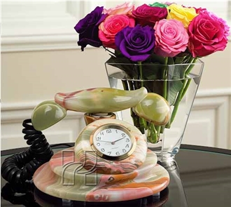 Handcrafted Multicolor Green Onyx Telephone Desk Clock