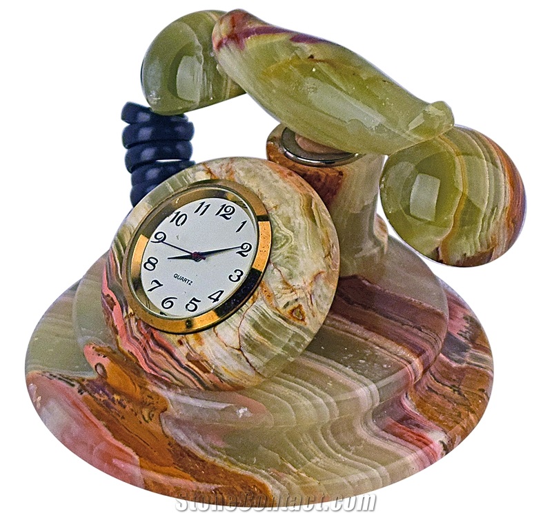 Handcrafted Multicolor Green Onyx Telephone Desk Clock