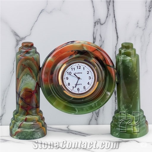 Handmade Green Onyx Twin Pillar Clock 4 Inch Dial Handicraft