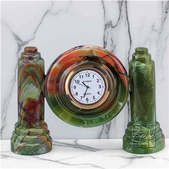 Handmade Green Onyx Twin Pillar Clock 4 Inch Dial Handicraft