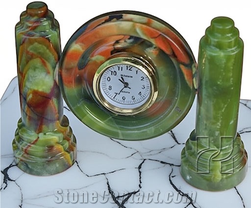 Handmade Green Onyx Twin Pillar Clock 4 Inch Dial Handicraft