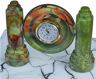 Handmade Green Onyx Twin Pillar Clock 4 Inch Dial Handicraft