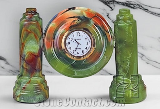 Handmade Green Onyx Twin Pillar Clock 4 Inch Dial Handicraft