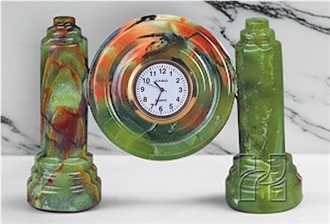 Handmade Green Onyx Twin Pillar Clock 4 Inch Dial Handicraft