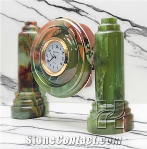 Handmade Green Onyx Twin Pillar Clock 4 Inch Dial Handicraft