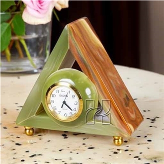 Triangular Green Onyx Carving Clock With Brass Feet Attached