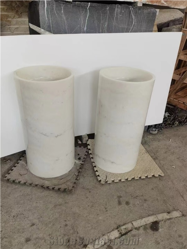 Bianco Carrara Marble Pedestal Round Wash Basins