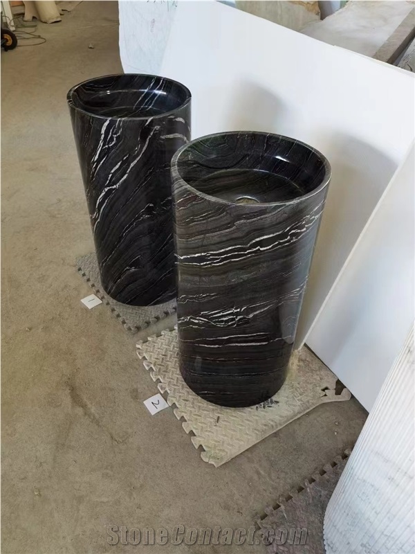 Kenya Black Marble Carved Pedestal Round Sinks