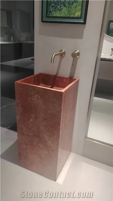 Solid Stone Red Persian Travertine Pedestal Sinks For Bath