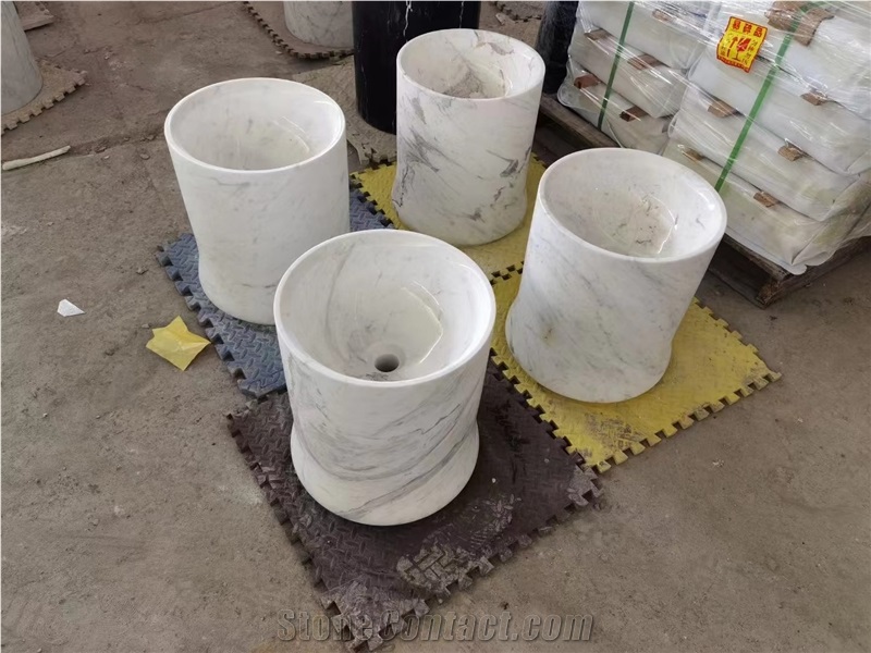 Solid Volakas Marble Pedestal Round Sink For Bathrooms