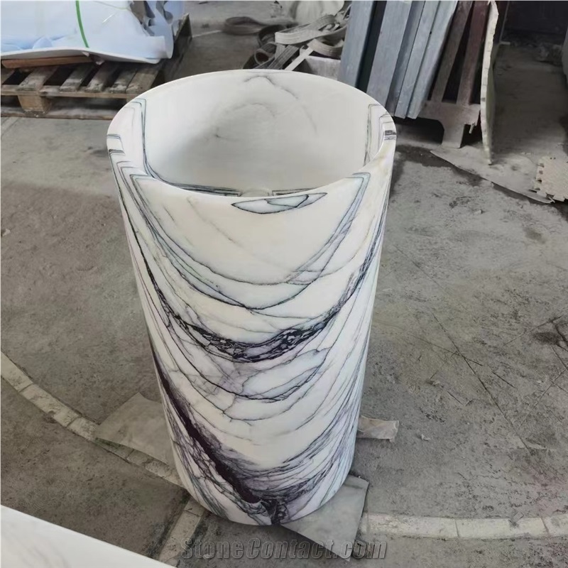 Solid Volakas Marble Pedestal Round Sink For Bathrooms