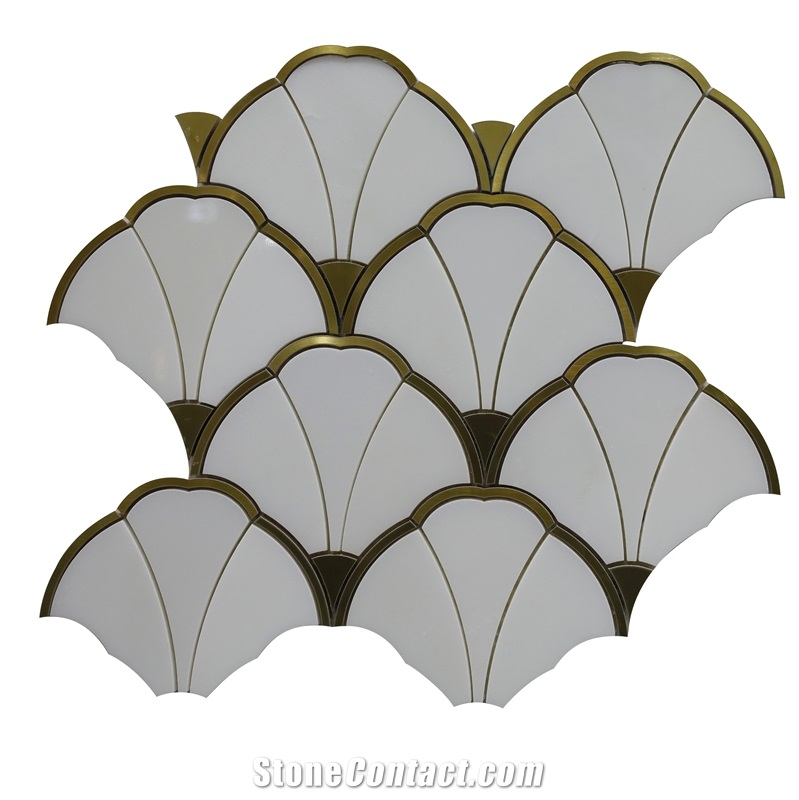 White Marble Waterjet Cut Inlayed Pattern Mosaic Tiles