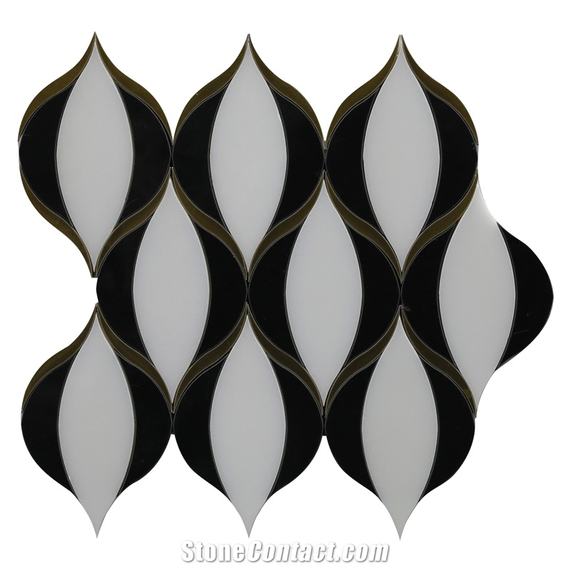 White Marble Waterjet Cut Inlayed Pattern Mosaic Tiles