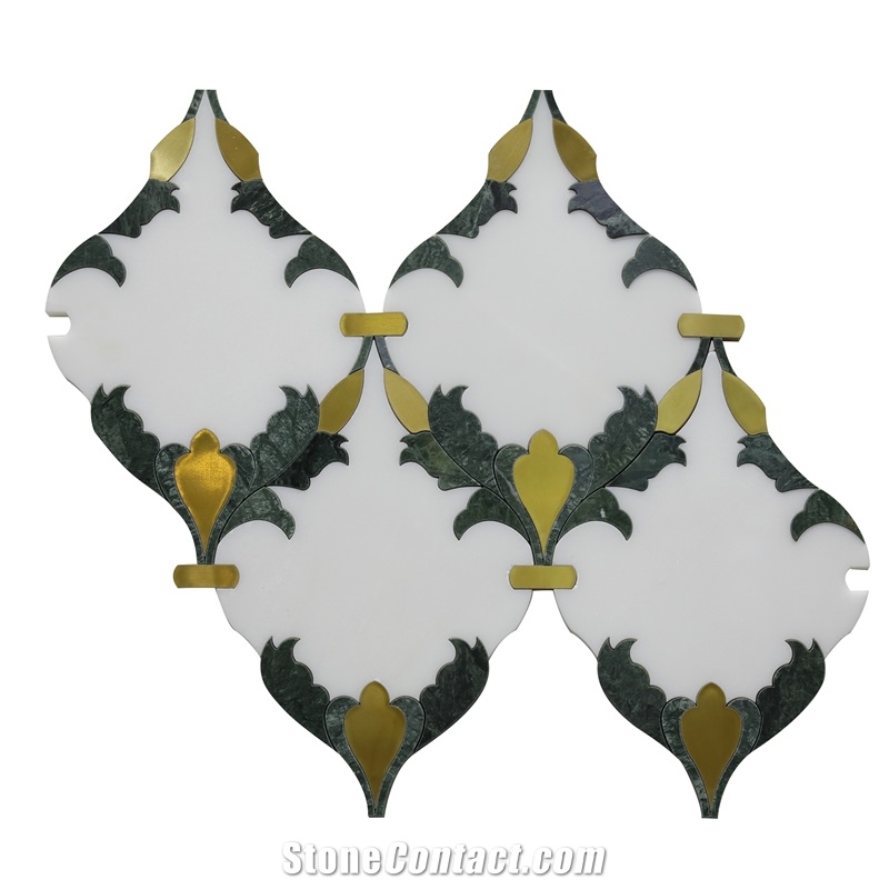 White Marble Waterjet Cut Inlayed Pattern Mosaic Tiles