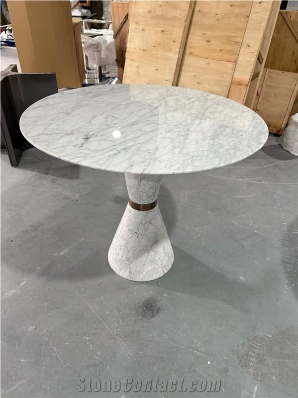 Carrara White Marble Round Table With Metal Design