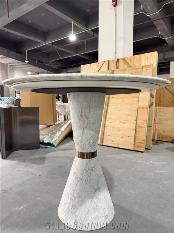 Carrara White Marble Round Table With Metal Design