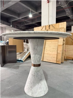 Carrara White Marble Round Table With Metal Design