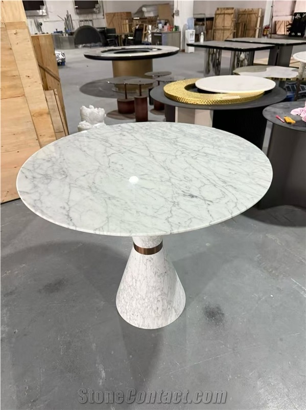Carrara White Marble Round Table With Metal Design