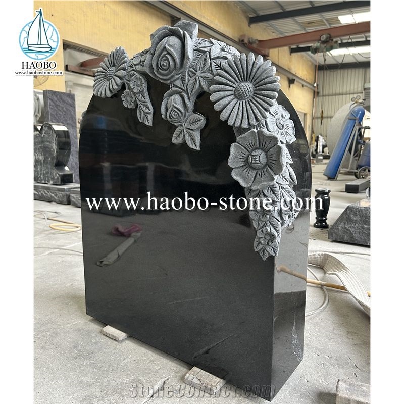 High Quality India Absolute Black Granite Flower Carving Tombstone