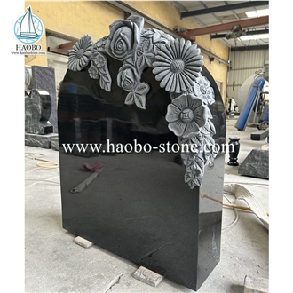 High Quality India Absolute Black Granite Flower Carving Tombstone