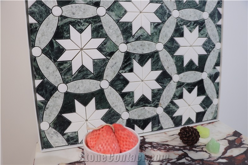 Green Marble Flower Shape Patterned Mosaic Tiles