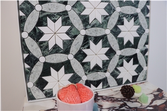Green Marble Flower Shape Patterned Mosaic Tiles