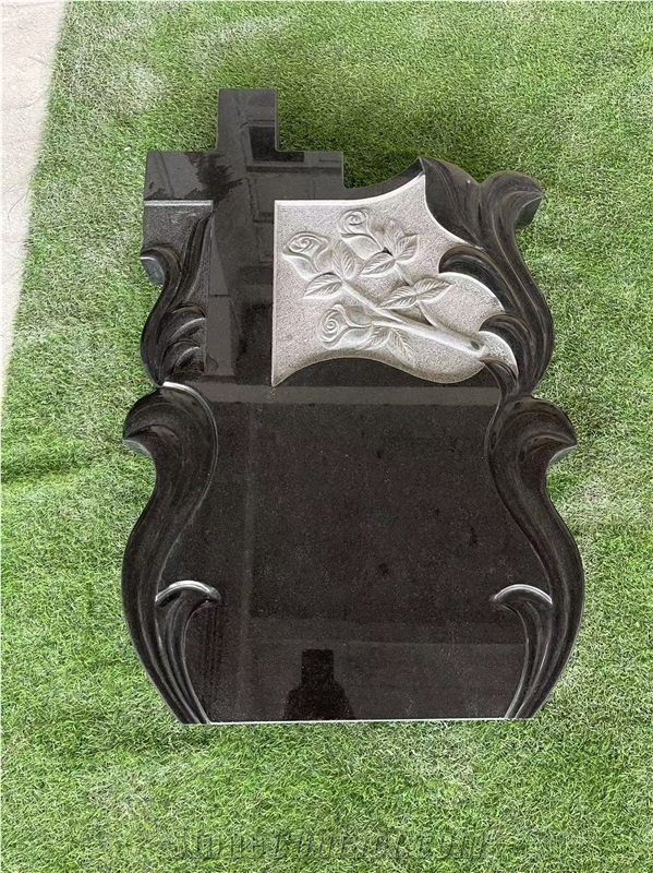 Absolute Black Cross Flower Carving Tombstone Romanian Style