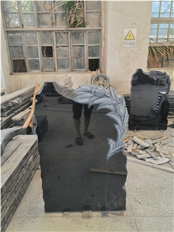 Absolute Black Granite Flower Carving  Gravestone