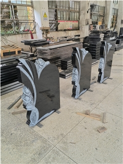 Absolute Black Granite Flower Carving  Gravestone