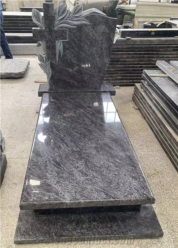 Bahama Blue Granite Flower And Cross Carved Single Monument