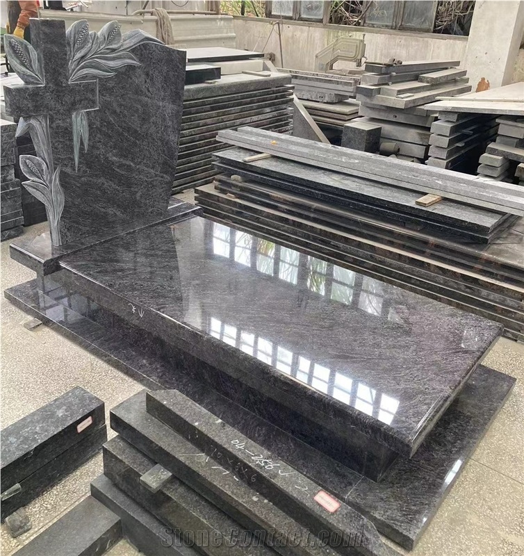 Bahama Blue Granite Flower And Cross Carved Single Monument