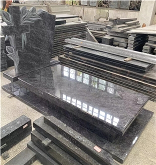 Bahama Blue Granite Flower And Cross Carved Single Monument