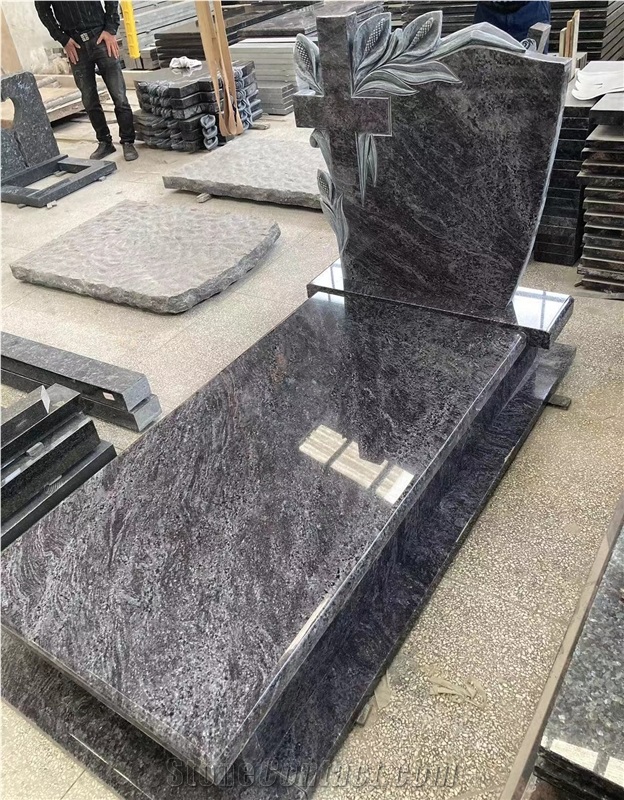 Bahama Blue Granite Flower And Cross Carved Single Monument