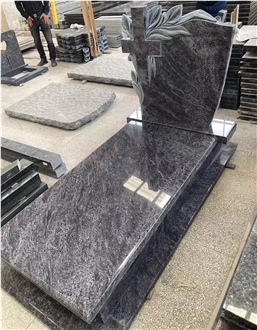 Bahama Blue Granite Flower And Cross Carved Single Monument