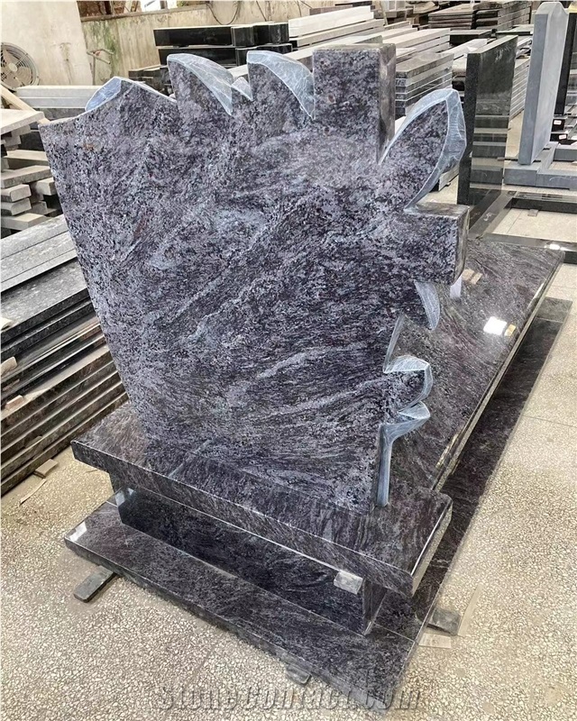 Bahama Blue Granite Flower And Cross Carved Single Monument