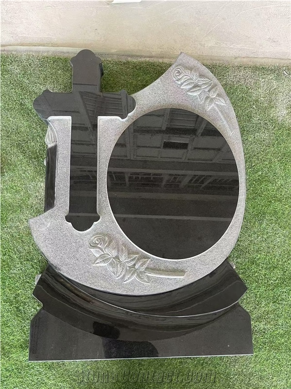 Black Granite Double Hearts Gravestone