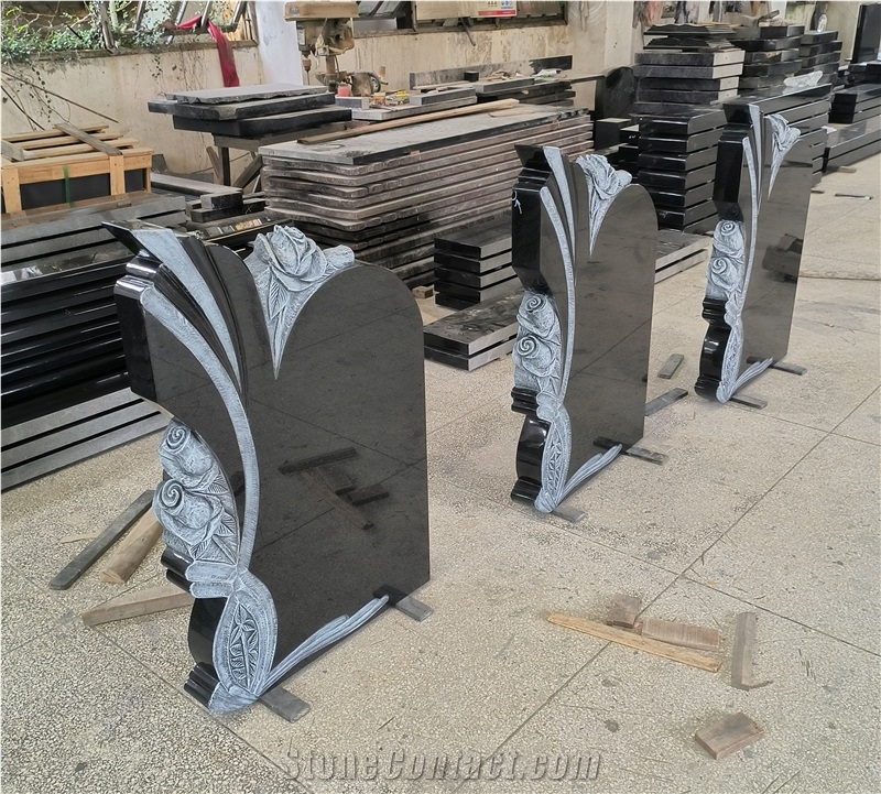 Black Granite Gravestone Rose Carved