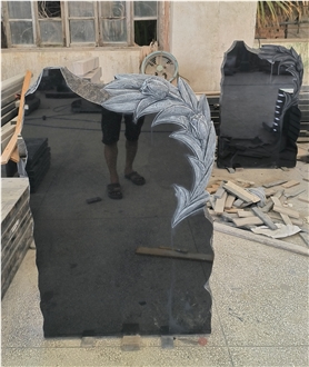 Black Granite Gravestone Rose Carved