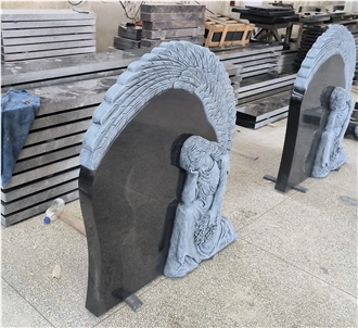 Black Granite Gravestone Rose Carved