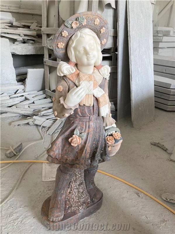 Human Garden Marble Carved Boy Flower Bucket Statues