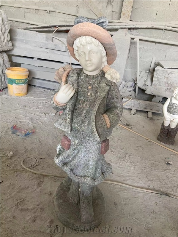 Human Garden Marble Carved Boy Flower Bucket Statues