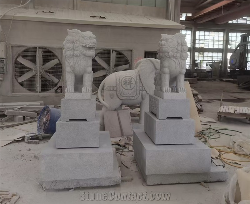 Outdoor Grey Granite Guardian Lions Sculptures