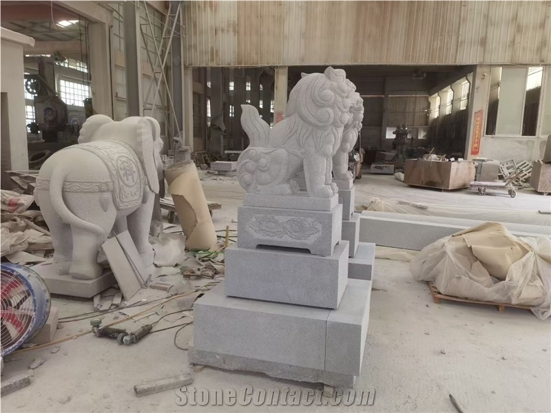 Outdoor Grey Granite Guardian Lions Sculptures