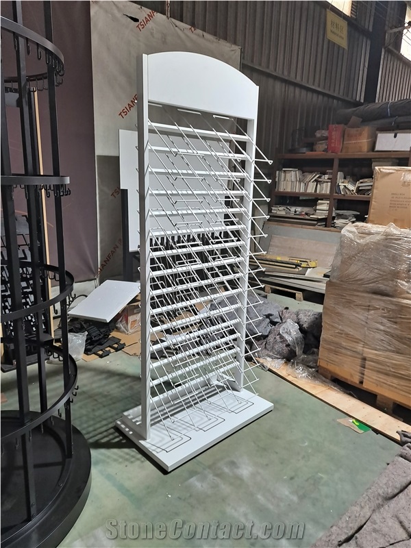 Tall White Metal Wire Display Rack With Multiple Slanted