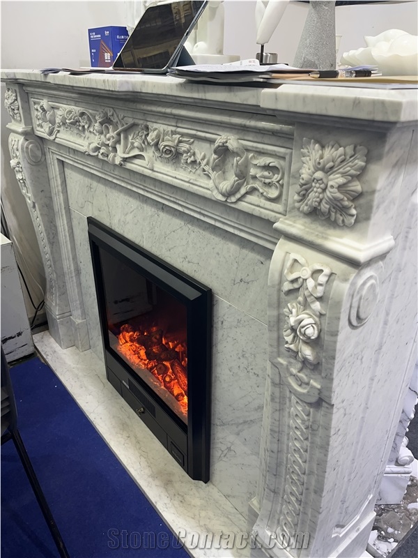 Carved Calacatta Viola Marble Fireplace Mantel For Indoor