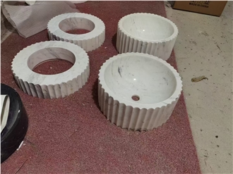 Fluted Round Marble Carrara Statuario Wash Basins For Bath