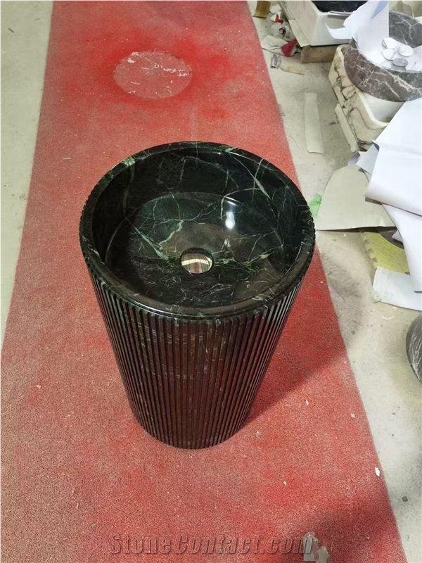 Verde Alpi Scuro Marble Pedestal Round Wash Basins