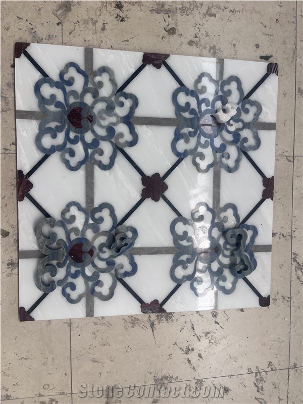 White And Blue Marble Inlay Medallions Bathroom Flooring