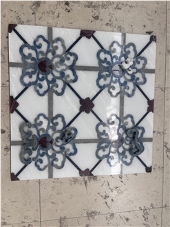 White And Blue Marble Inlay Medallions Bathroom Flooring